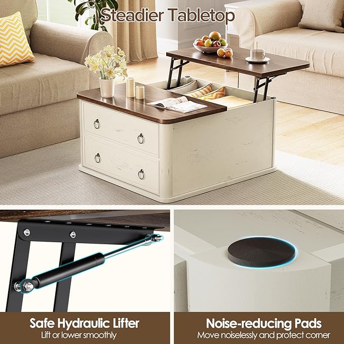 31.5" Lift Top Coffee Table with Storage,Square Coffee Tables with Lifting top for Living Room,Farmhouse Coffee Table with Storage Drawers and Large Hidden Compartment,Rustic White+Walnut