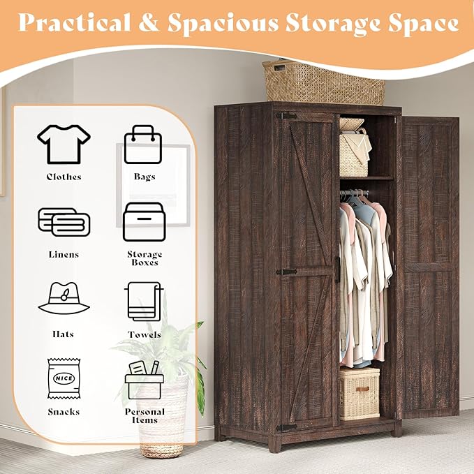 LUXOAK 70" Large Armoire Wardrobe Closet with Hanging Rod, Farmhouse Clothing Storage Cabinet with 2 Barn Doors, Wooden Tall Bedroom Armoires with Shelf, Espresso