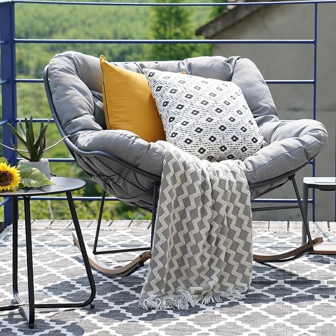 Grand patio Outdoor Rocking Chair, Oversized Papasan Rocking Chair with Thick Cushion, Indoor Outdoor Cozy Rocker for Balcony, Living Room, Patio, Gray - Image 8