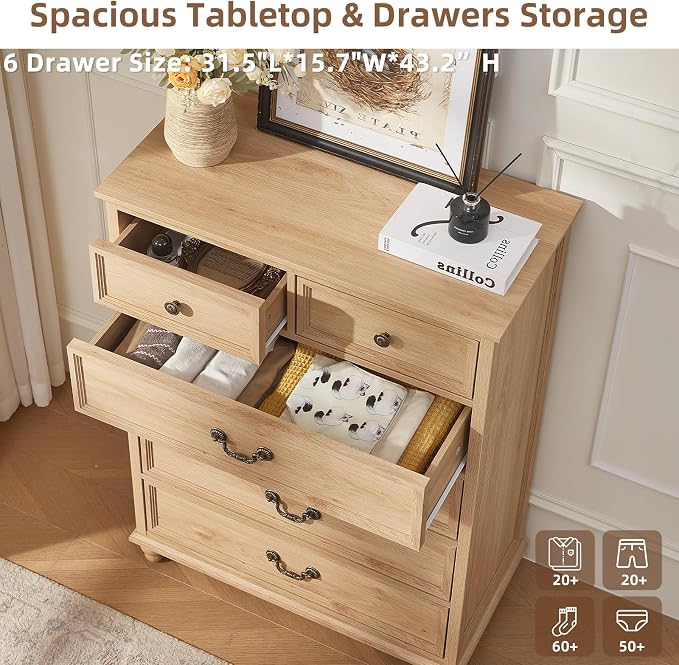 Joaxswe Farmhouse 6 Drawer Dresser Set of 2 for Bedroom, 42" Tall Rustic Chests of Drawers w/ 4 Solid Wood Feet, Mid Century Vintage Wooden Closet Storage Dressers Organizer for Living Room,Natural - Image 4