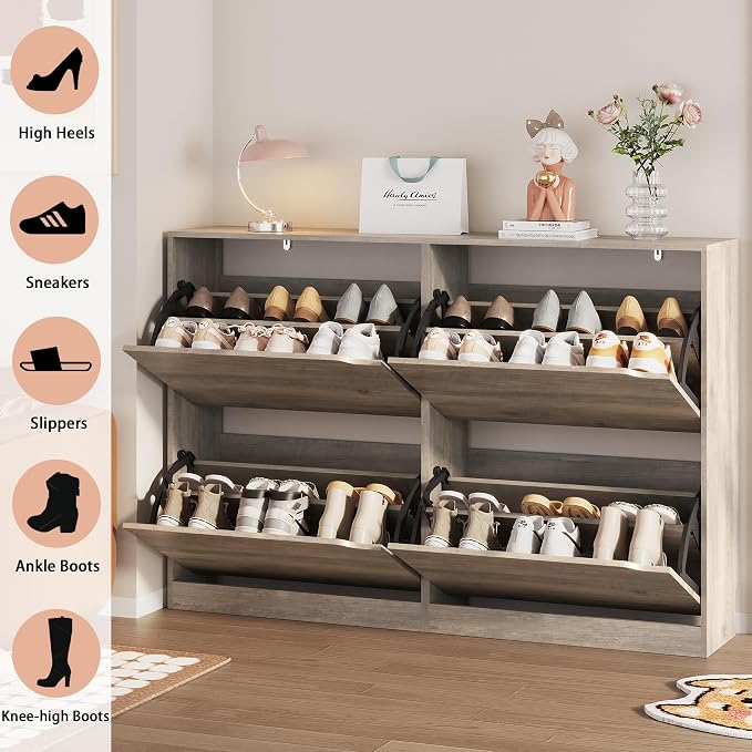 Shoe Storage Cabinet, Wood Shoe Organizer for Entryway with 4 Flip Drawers, Freestanding Shoe Rack with Adjustable Shelf, Narrow Shoe Dresser for Front Door Entrance(Grey, 47.24" x 32.28" x 9.44") - Image 7