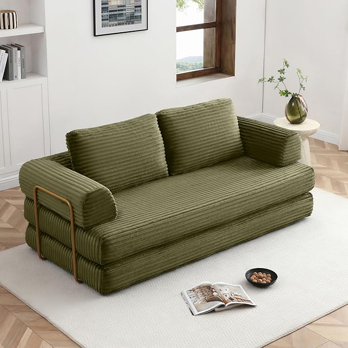 Eafurn Boneless Convertible Folding Sofa Bed, 4-in-1 Memory Foam Sleeper Loveseat with Armrests, Modern Corduroy Upholstered Floor Couch & Fold Out Mattress for Living Room, Apartment | Breathable material, Fixed-shape Frame