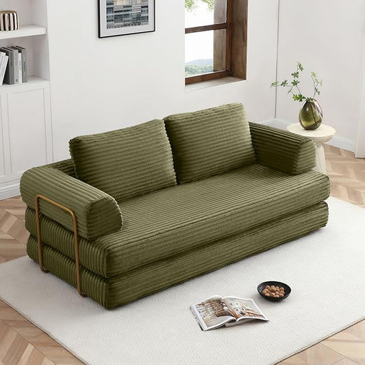 Eafurn Boneless Convertible Folding Sofa Bed, 4-in-1 Memory Foam Sleeper Loveseat with Armrests, Modern Corduroy Upholstered Floor Couch & Fold Out Mattress for Living Room, Apartment | Breathable material, Fixed-shape Frame