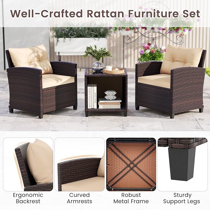 HAPPYGRILL 3 Pieces Patio Conversation Set, Outdoor Rattan Wicker Chairs & Coffee Table Set w/Cushions & Tempered Glass Tabletop, Porch Sofa Set for Backyard, Poolside