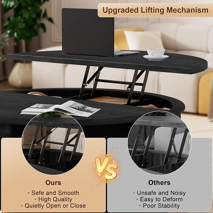 Round Lift Top Coffee Table, 31.5" Fluted Wood Accent Coffee Table with 180° Curved Sliding Door, Hidden Storage, Mid Century Modern Center Table for Living Room Office Small Spaces, Black