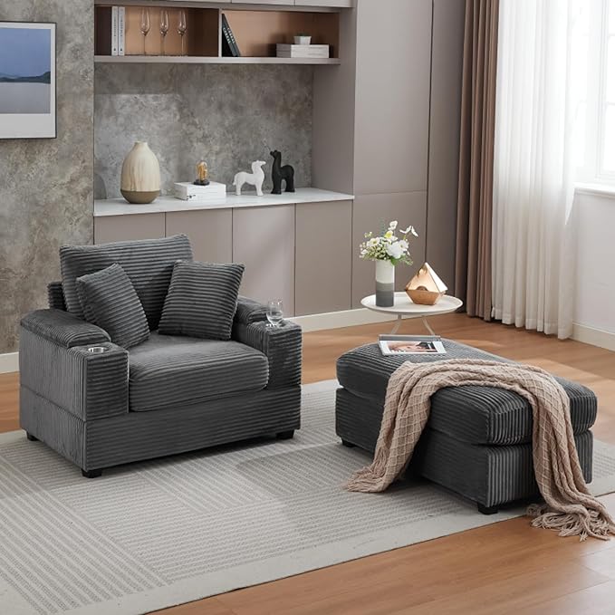 KEIKI Oversized Accent Chair with Ottoman, Chaise Lounge Chair Indoor with Handrail Storage, Cupholders, Oversized Sofa Bed, Deep Seat Sleeper Couch Reading Chairs for Living Room, Gray