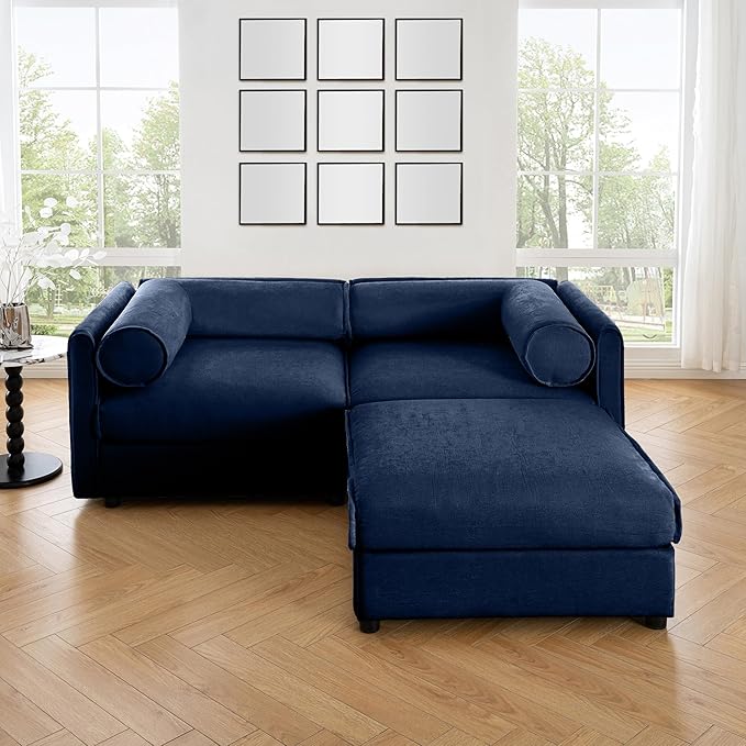 KEIKI 76" Modular Loveseat Chenille Sectional Sofa with Storage Seat and 1 Ottoman, Modern 2-Seater Couch with Cylindrical Backrest and Armrests, Easy Assembly, for Apartment, Living Room, Blue