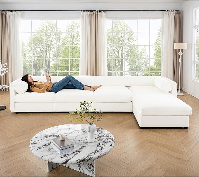 KEIKI 143" L-Shaped Modular Chenille Sectional Sofa with Storage Seat, 1 Ottoman, Modern Style 4-Seater Couch with Cylindrical Backrest and Armrests, Easy Assembly, for Apartment, Living Room, White