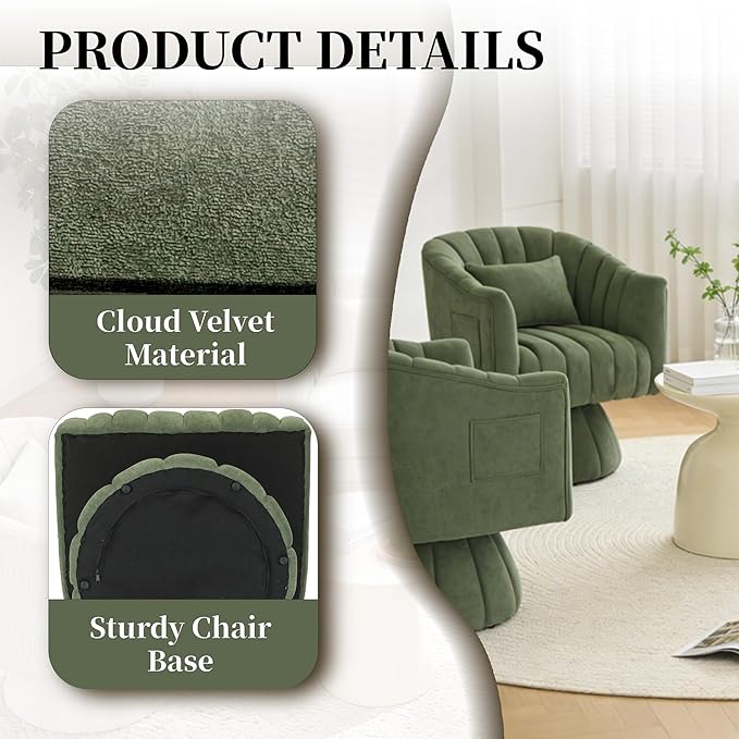 ClinQ Swivel Barrel Chair with Pillow & Side Pocket, 360° Cloud Velvet Round Swivel Accent Chair, Upholstered Cuddle Reading Lounge Chair for the Living Room, Bedroom, Office, Green-Vertical Stripes