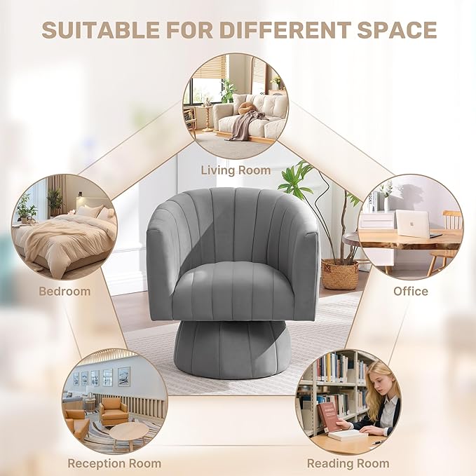 Swivel Accent Barrel Chair, Cute Comfy Small Round 360° Arm Chair. Velvet Sofa Club Reading Chair for Living Room Bedroom Office Grey