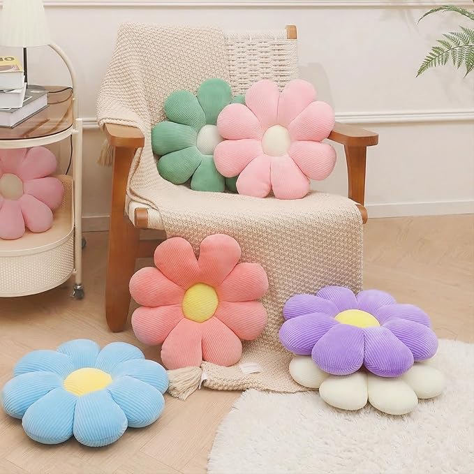 2 Pcs Preppy Flower Decorative Throw Pillows Set for Bed Couch Sofa, 15.35" Cute Pink White Flower Daisy Shaped Pillow for Aesthetic Preppy Bedroom Room Dorm Classroom Decor (White+Pink, 15.35 Inch)