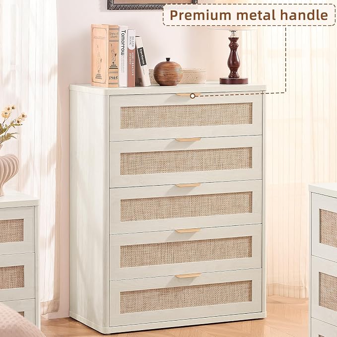 LEYAOYAO Rattan Dresser for Bedroom Set 2, 41" Tall Chest of Drawers, Modern 5 Drawers Boho Dressers with Storage, Light Oak Dresser Wooden Closet Organizer for Living Room, Hallway, Grey White - Image 4