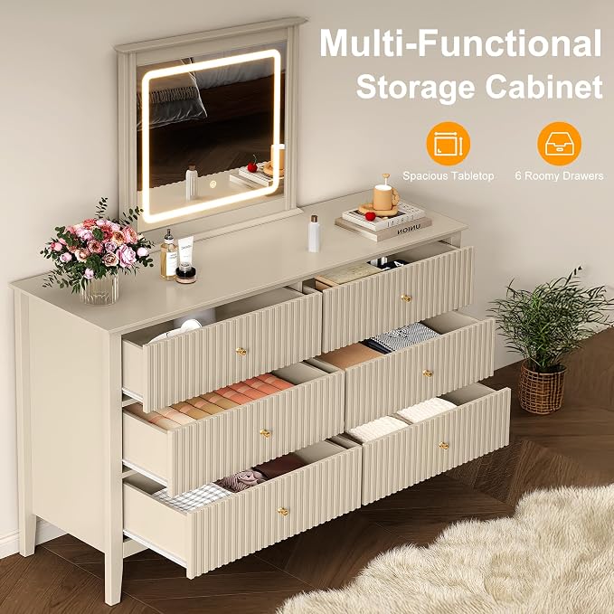 RoyalCraft 6 Drawer Dresser with Lighted Mirror, Beige Fluted Modern Wood Chest of Drawers, Long Dresser for Bedroom Storage - Image 5