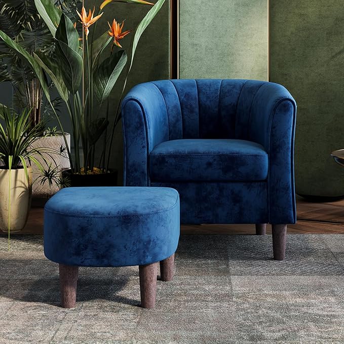 LINSY Accent Chair with Ottoman, Modern Barrel Chair Comfy Armchair Reading Chair with Footrest, Round Arms Chair for Living Room Bedroom Reading Room, Velvet, Blue