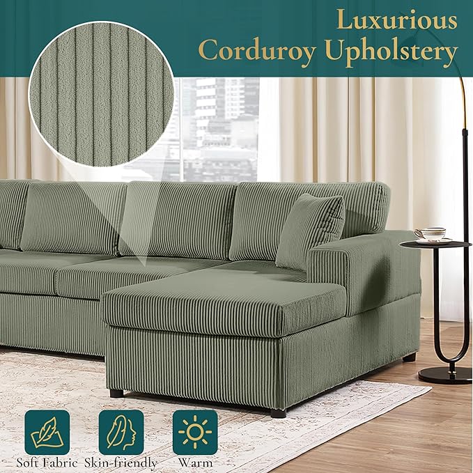 Eafurn Oversized U Shaped Modular Sectional Sofa, 115" Oversized Corduroy Upholstered Couch with Spacious Chaise Lounge & 3 Throw Pillows for Living Room, Apartment, Office