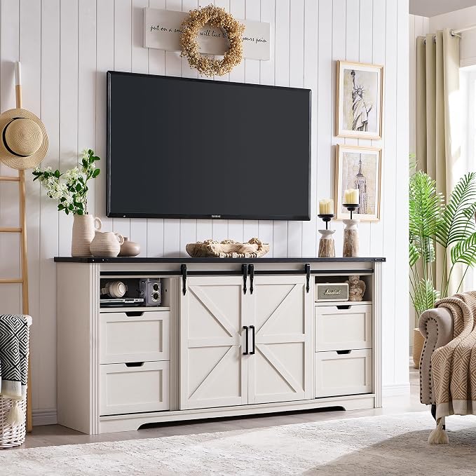 JXQTLINGMU Farmhouse Fireplace TV Stand for 80 Inch TV, 32" Tall Entertainment Center w/Drawer & Sliding Barn Door, 70 Inch Highboy Media Console for Living Room, Off White - Image 3