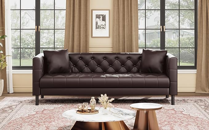 IDEALHOUSE Mid Century Modern Sofa 81 inch, Faux Leather Sofa 3 Seater, Apartment Sofa for Living Room, Chesterfield Tufted Couch with Deep Seats and 2 Pillows, Sectional Style Couch, Dark Brown