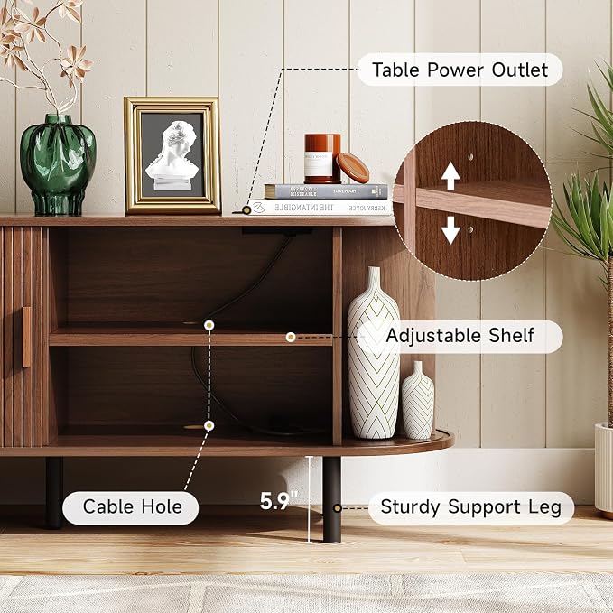 ONBRILL 63" TV Stand with Power Outlet for TVs up to 70 Inch, Entertainment Center with Storage and Adjustable Shelves, Modern Media Console with Sliding Doors for Living Room, Walnut - Image 4