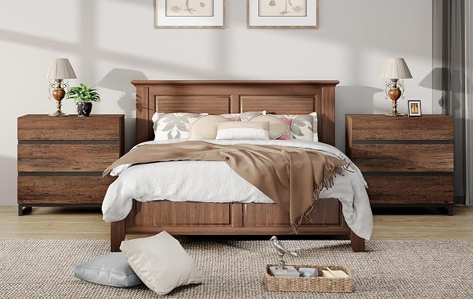 WAMPAT Nightstand with 3 Drawers for Bedroom, Modern Bedside Table with Black Square Metal Leg, Wood Rustic Side End Table, Brown, 2 Pcs - Image 2