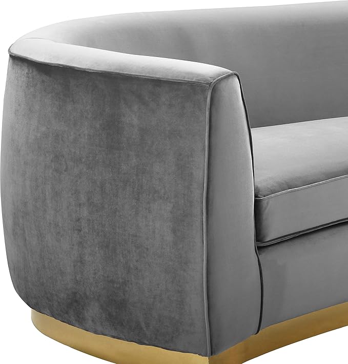 Meridian Furniture Julian Collection Modern | Contemporary Velvet Upholstered Loveseat with Stainless Steel Base in Rich Gold Finish, Grey, 70" W x 34" D x 28" H