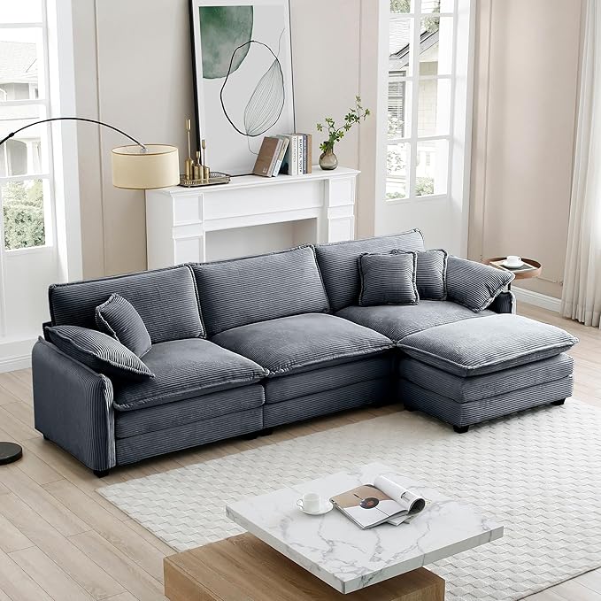 KEIKI 115" L-Shaped Oversized Corduroy Modular Sectional Sofa with 1 Ottoman, High-Density Foam Cushions, Removable Armrests, Upholstered 3-Seater Corner Couch with 5 Pillow, for Living Room, Grey