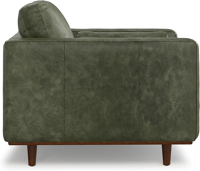 SIMPLIHOME Morrison Arm Chair - 42 inch Wide Upholstered Genuine Leather Mid-Century Modern Accent Chair in Moss Green with Solid Wood Legs, Reversible Bolster Pillows and Reclined Back