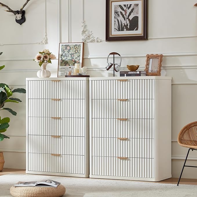 LEYAOYAO Fluted 5 Drawers Dresser for Bedroom, 41" Tall Modern Chest of Drawers with Metal Handle, Curved Profile Farmhouse Closet Organizer Wood Dressers TV Stand for Living Room,Antique White - Image 5