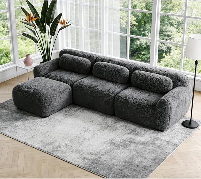 114.7" L-Shaped Boneless Modular Sofa, Plush Foam Lounge Couch, 32D High Density Sponge, Plush Convertible Sofa Set Deep Seat Couches for Living Room, Bedroom and Apartment, Dark Grey