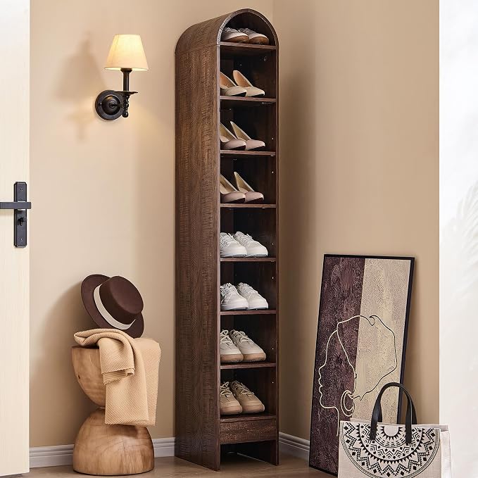 IFGET 67" Tall Arched Shoe Storage Cabinet, 8 Tiers 8 Pairs Wooden Shoe Rack with 3 Adjustable Shelves, Freestanding Shoe Closet Shelf Organizer for Entryway, Hallway, Living Room (Brown) by IFGETEnrichYourLivingSpace