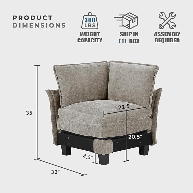 Lexicon Modular Sectional Sofa, Module for Sectional Couch, Corner Seat, Removable Cushion Cover, Soft Upholstery, Durable Frame, Customizable Comfort, Chenille Dark Pewter