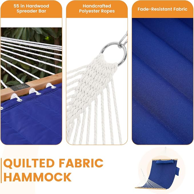 Lazy Daze Hammocks 2 Person Double Quilted Fabric Hammock with Spreader Bar, Detachable Pillow, Side Pocket, Carabiners, Chains, Straps for Outdoor, 450lbs Capacity, Navy Blue - Image 5