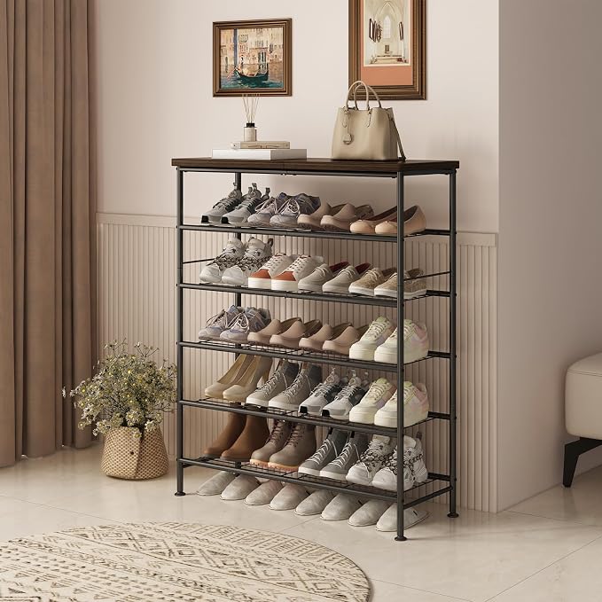 SUOERNUO Shoe Rack Organizer 6 Tier for Closet Entryway Free Standing Metal Storage Shoe Shelf with MDF Top Board，Black - Image 2