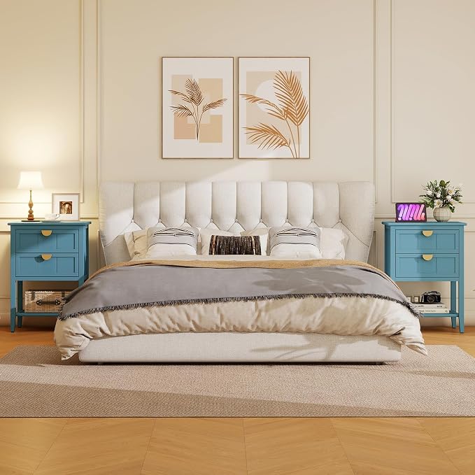 Blue Wood Nightstand with 2 Drawers and Open Shelf, Modern Bedside Table with Solid Wood Frame and Golden Handles, Narrow Wooden Side Table for Bedroom, 1 PC - Image 9