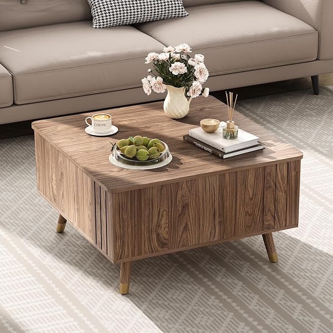 32" Square Lift Top Coffee Table with Storage, Mid Century Modern Walnut Center Table with Rising Desktop for Living Room, Brown Wood Finish
