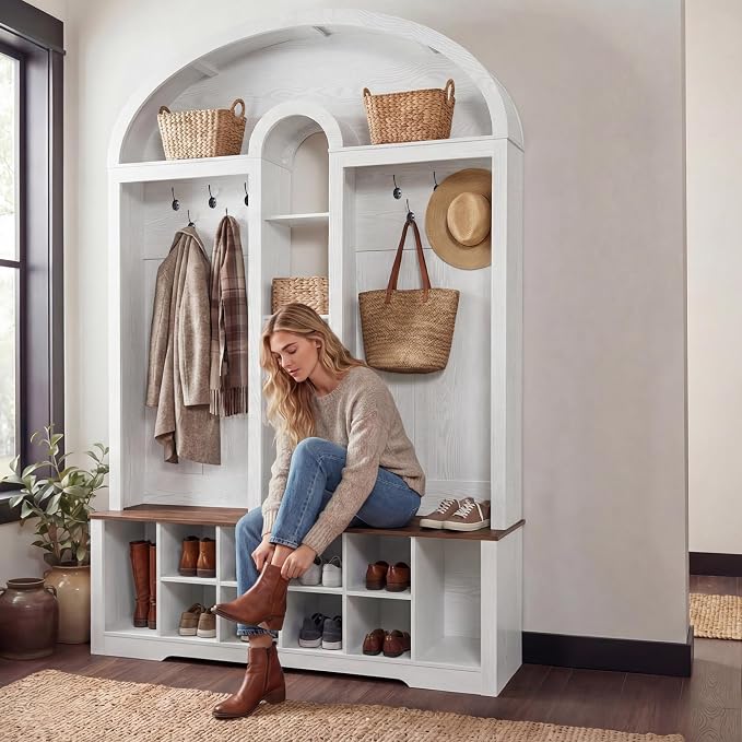 YITAHOME 59" W Hall Tree with Shoe Storage, Arched Entryway Bench with Coat Rack, 10 Shoe Cubbies Shelves & 10 Coat Hooks, Shoe Storage Bench for Entryway Hallway,White - Image 5
