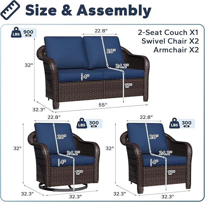5 PCS Outdoor Conversation Set | 55" Couch, 2 Chairs, 2 Swivel Chairs, Patio Wicker Conversation Furniture with Removable Cushions for Bistro, Deck, Sunroom (Navy Blue)