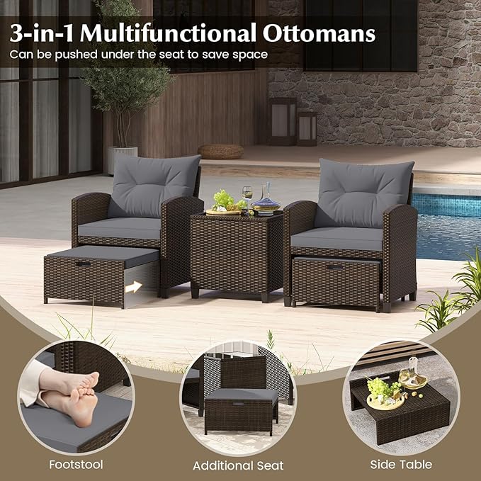 KOTEK 5 Pieces Patio Furniture Set with Ottomans, Wicker Patio Conversation Set with Coffee Table & Cushions, PE Rattan Outdoor Lounge Chairs for Backyard, Porch, Poolside (Mix Brown- Grey)