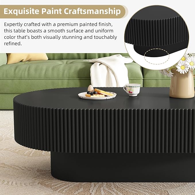 Merax Modern Oval Coffee Table with Sturdy Base, Wood Minimalist Fluted Center End Tables for Living Room Reception Room, Easy Assemble,Black