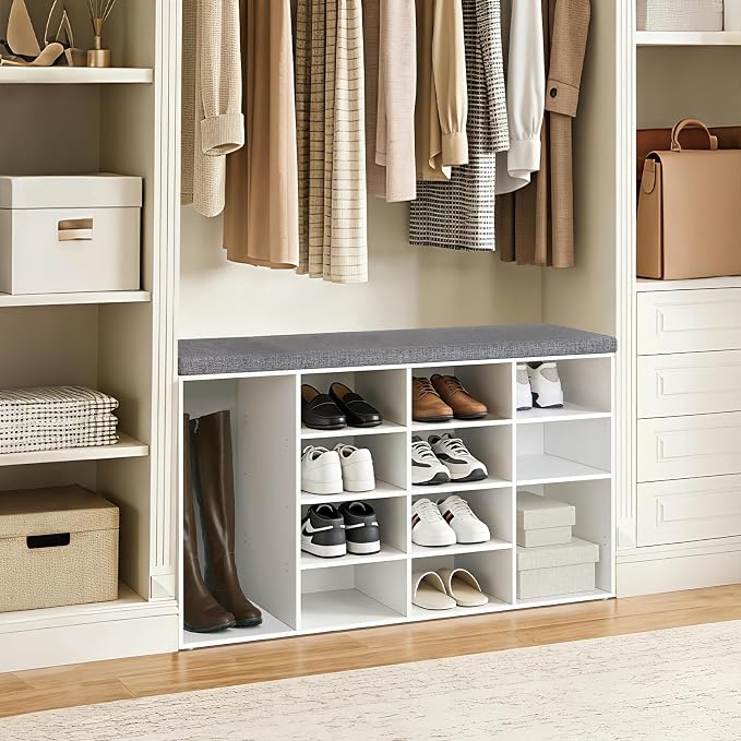 DINZI LVJ Shoe Storage Bench with Cushion, 14-Cubby Shoe Rack, Adjustable Shelves, Multifunctional Shoe Organizer Bench for Entryway, Mudroom, Hallway, Living Room, Bedroom and Garage, White - Image 9