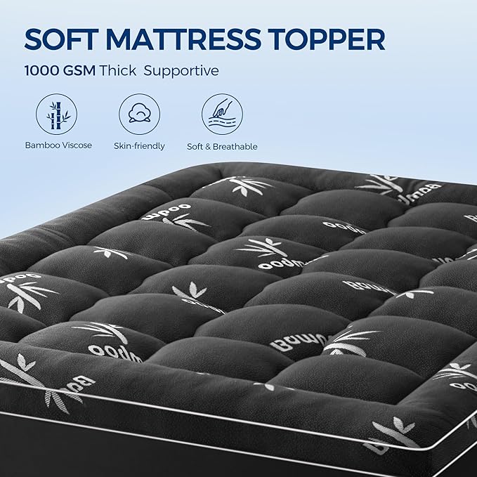 Mattress Topper Twin Size, Cooling Extra Thick Breathable Viscose Made from Bamboo Mattress pad, Soft Quilted Fitted Mattress Cover with 1000 GSM Down Alternative Fill (8-21”Deep Pocket) Dark Gray
