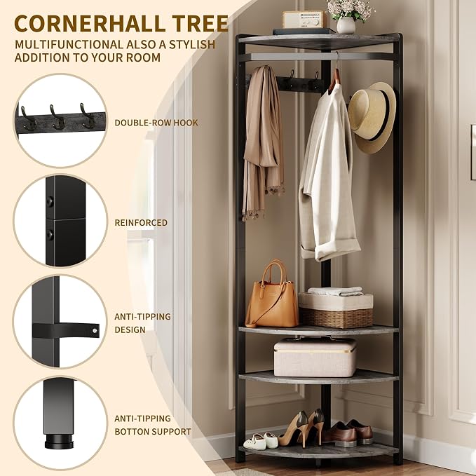 IDEALHOUSE Corner Coat Rack with Shoe Bench Entryway and 6 Double Hooks, Corner Hall Tree - Corner Clothes Rack with Storage Corner Tree with Organizer Shoe Bench Shelf for Entryway, Hallway, Closet - Image 5
