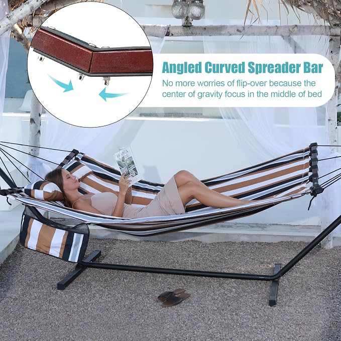 TegerDeger 12FT 2 Person Hammock Large Hammock 450LB Capacity with V Shaped Hardwood Spreader Bar & Nylon Rope for Outside, Patio, Garden, Backyard, Beach, Poolside - Coffee Stripes - Image 3