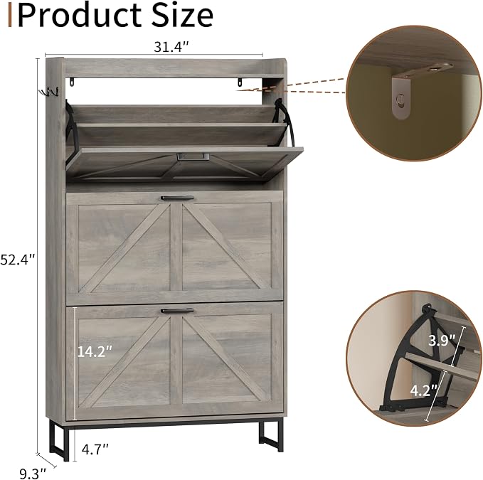 Shoe Cabinet with 3 Flip Drawers, Freestanding Hidden Shoe Storage Organizer for Entryway, Narrow Slim Shoe Rack Cabinet with Open Storage & Hooks for Front Door Entrance, Living Room, Hallway, Grey - Image 2