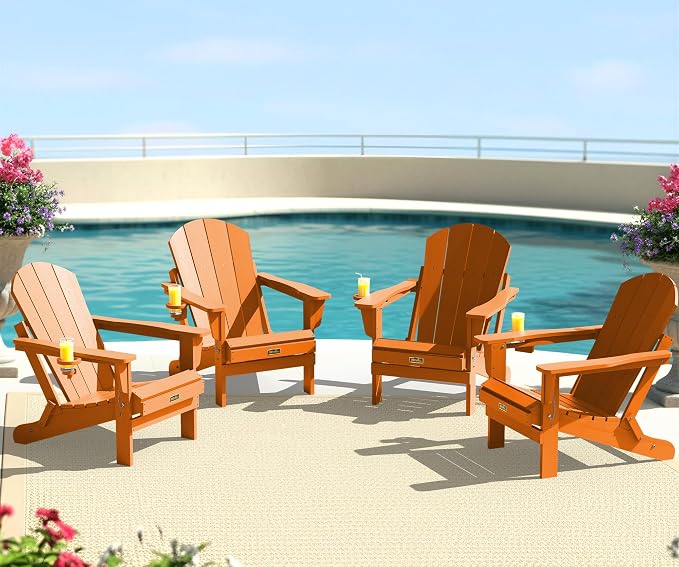 SERWALL Folding Adirondack Chair Set of 4, Weather Resistant HIPS Patio Chairs with Cup Holder for Patio Garden Outdoors Fire Pit Chairs- Orange by SERWALL