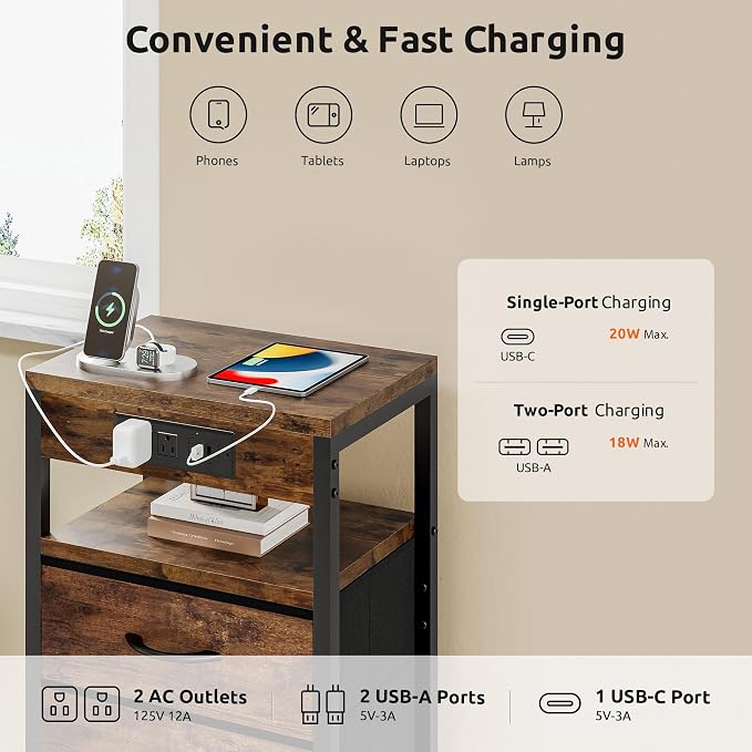 Lazzanto NightStand Bedside Charging Table Bedroom - Brown Night Stand with Charger Station, Modern Bed Side End Table with Open Shelf & 2 Fabric Drawers, USB-C Port for Dorm, Living Room - Image 4