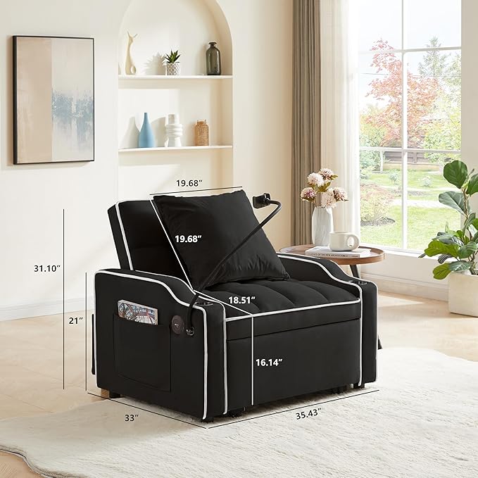 3 in 1 Convertible Sleeper Sofa Bed with Phone Holder, 35'' Pull Out Sofa Bed Recliner with Adjustable Backrest, Velvet Fabric Sleeper Couch Single Modern Chair for Small Space & RV, Black