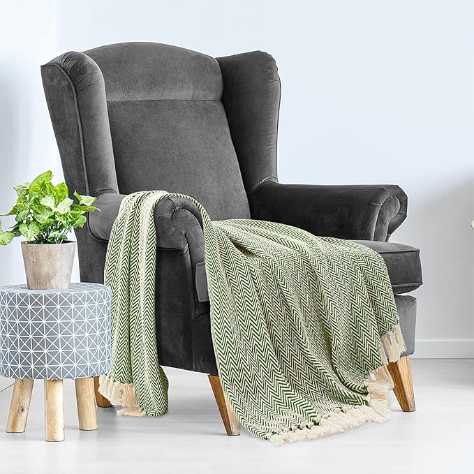 Americanflat 50x60 Throw Blanket - Soft and Breathable Cotton Throw Blanket for Couch, Bed, Chair - Decorative Blankets Perfect for Home, Office, or Outdoor Use - Sage and Beige Herringbone Design