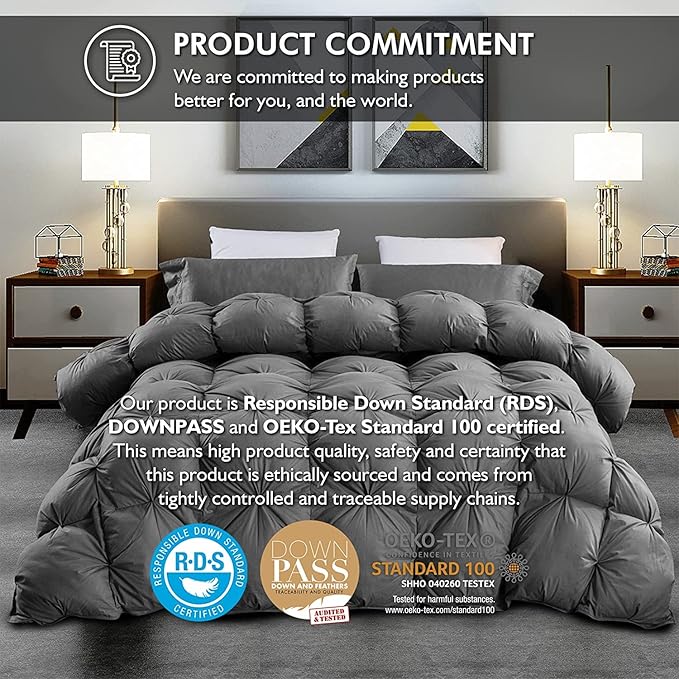 Luxurious Palatial King/Super King Goose Down Comforter, 120 X 90 inches, Unique Gray Pinch Pleat, 600 Thread Count, 100% Egyptian Cotton Cover, 85 Oz Fill Weight, 750 Fill Power