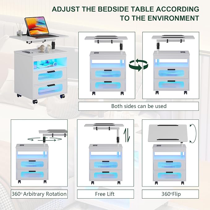 HNEBC LED Nightstand Set of 2 with Charging Station & Adjustable Overbed Desk, 3 Color LED Lights & Body Sensor, Mobile Bedside Table with Wheels, 2 Drawers & Open Shelf for Bedroom(White) - Image 4