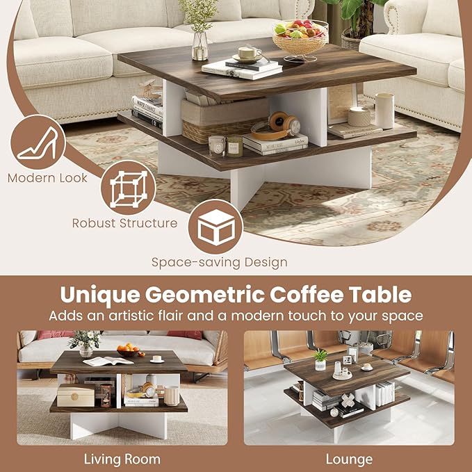 Giantex Square Coffee Table, Mid Century Modern Center Table with 4 Storage Compartments & Cross-Shape Base, 24 Inch Farmhouse Coffee Tables for Living Room (Walnut)